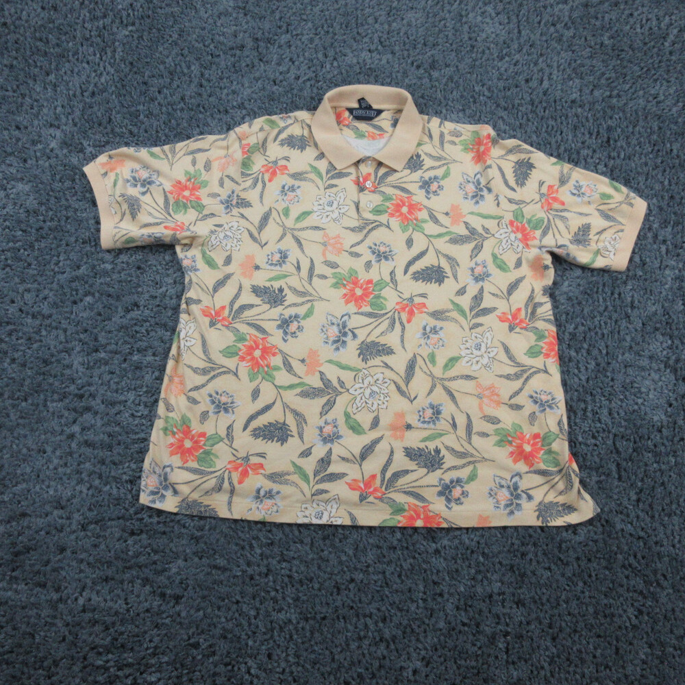 Lands End Shirt Mens Extra Large Yellow Blue Floral Short Sleeve Polo